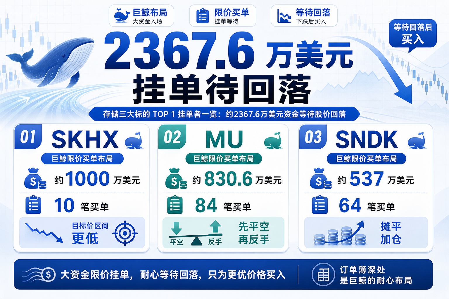 存储三大标的 TOP 1 挂单者一览:约 2367.6 万美元资金等待股价回落