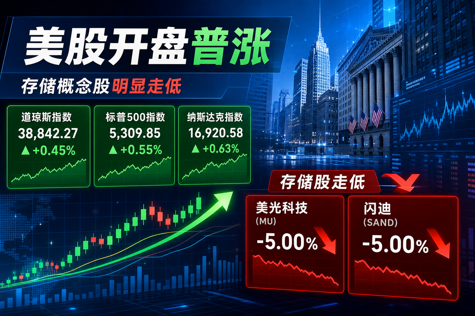 美股三大指数开盘普涨，美光、闪迪均跌 5%