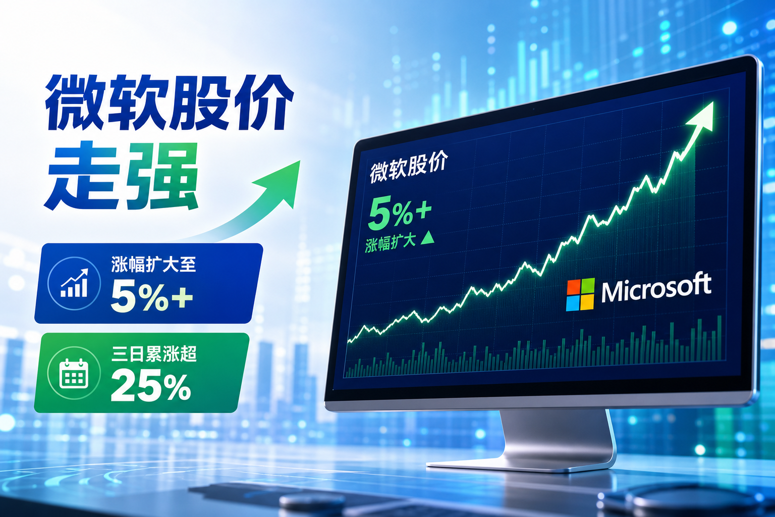 微软（MSFT.O）涨幅扩大至逾 5%，三日累计上涨超过 25%。