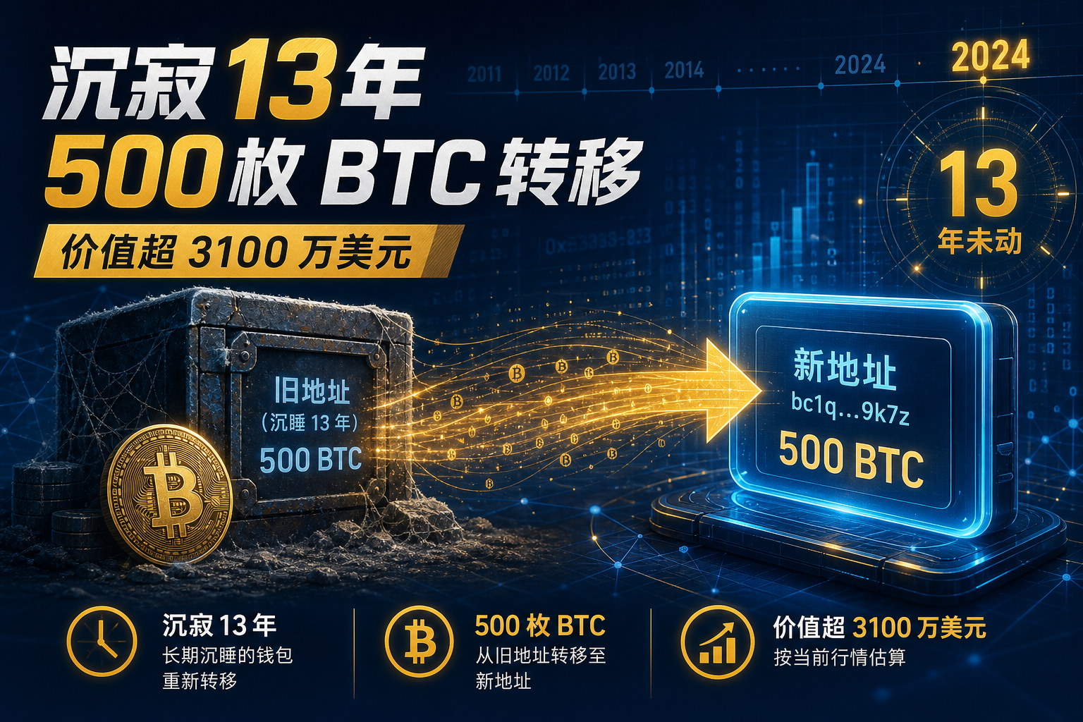 某比特币远古矿工沉寂 13 年后转移 500 枚 BTC,当前价值超 3100 万美元