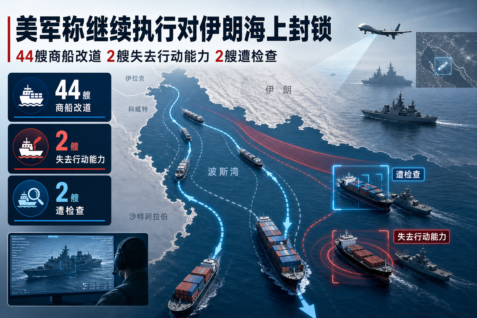 美军称继续执行对伊朗海上封锁,已改变 44 艘商船航线