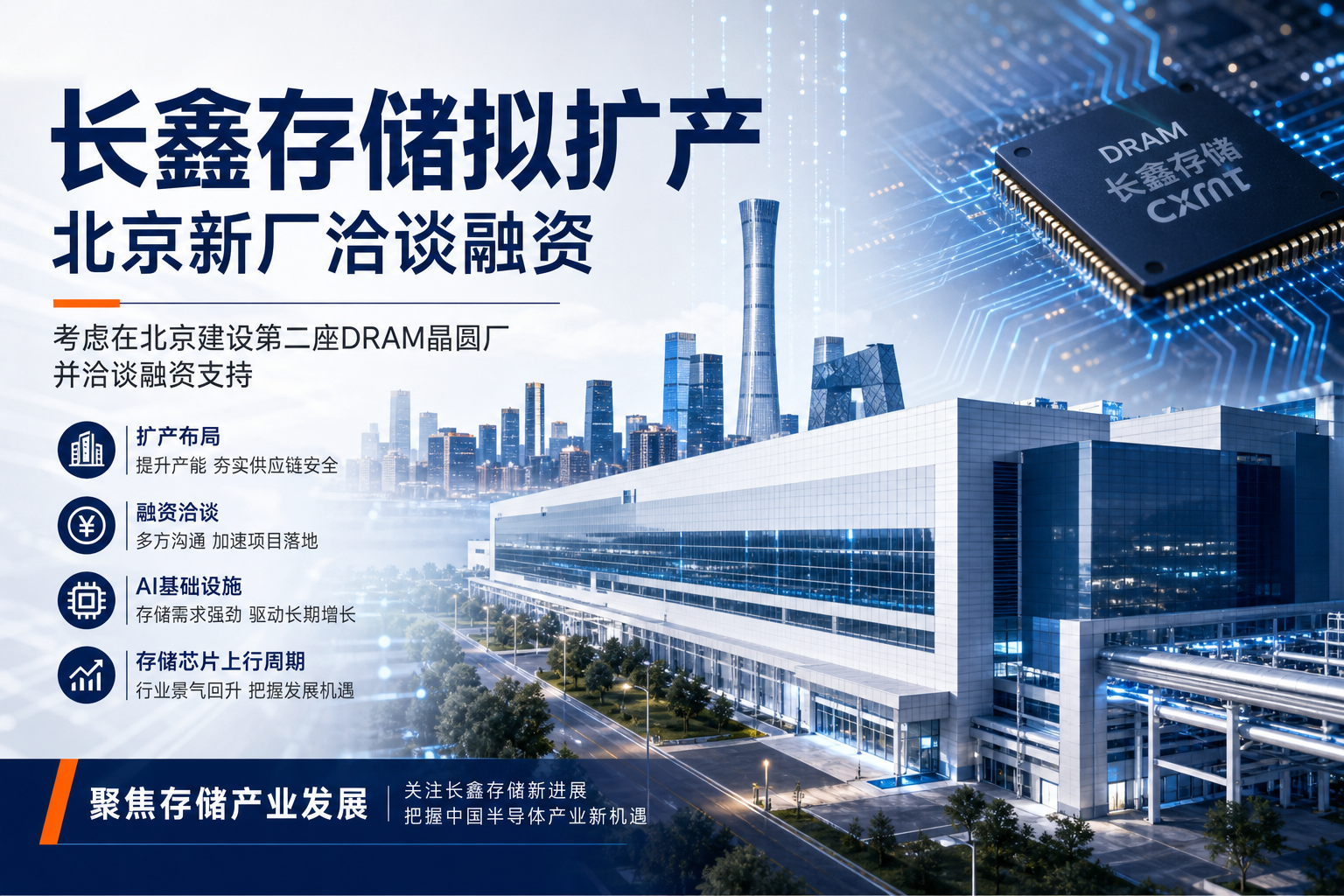 长鑫存储考虑在北京建设第二座 DRAM 晶圆厂,正洽谈融资支持