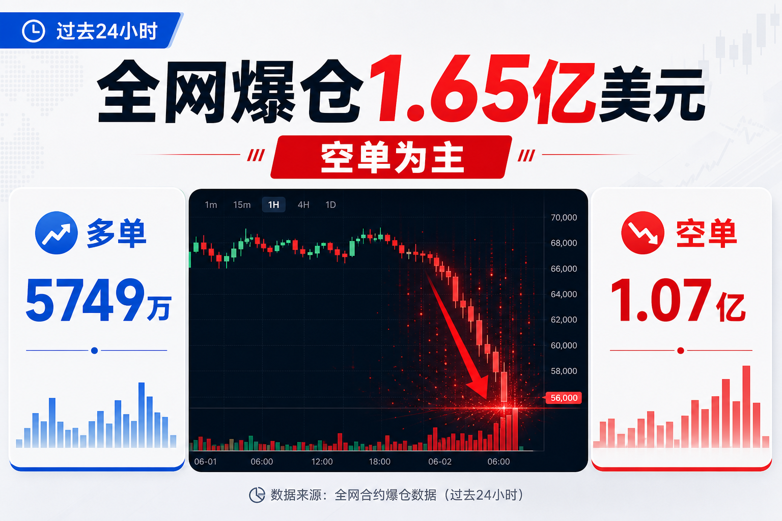 过去 24 小时全网爆仓 1.65 亿美元，空单为主