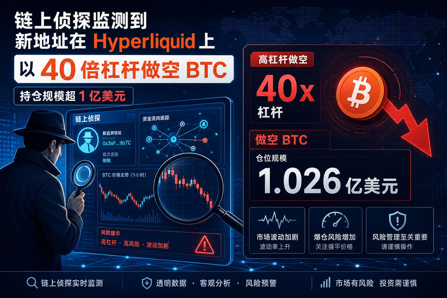 链上侦探:新地址在 Hyperliquid 40 倍做空 BTC,持仓规模超 1 亿美元
