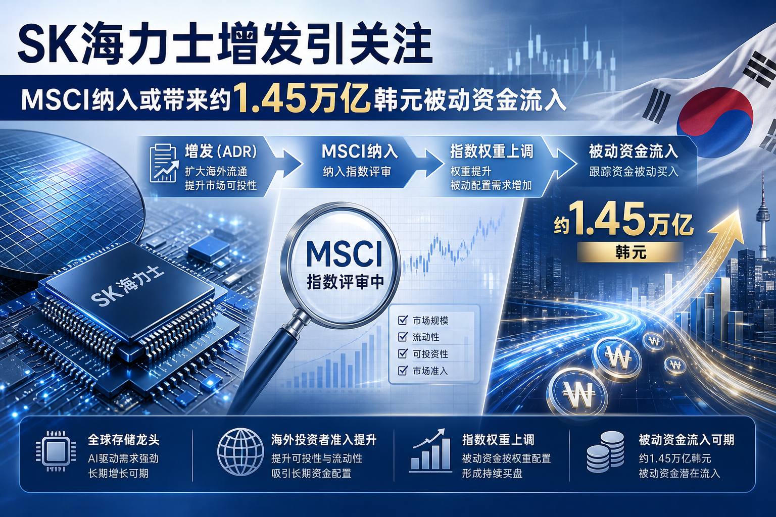 SK海力士ADR相关增发若获MSCI纳入，或带来约1.45万亿韩元被动资金流入