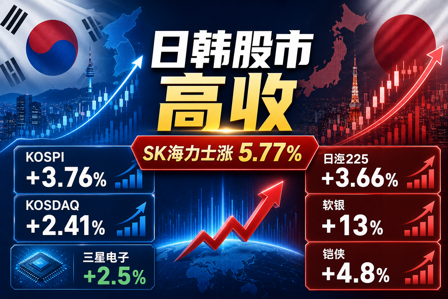 日韩股市高收,SK海力士涨 5.77%