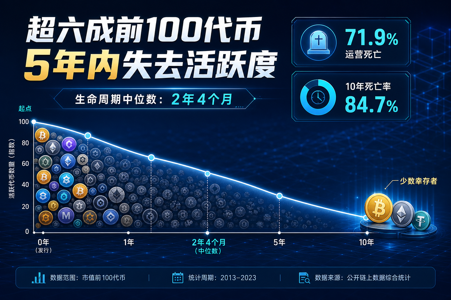 超六成市值前 100 名代币在 5 年内失去活跃度