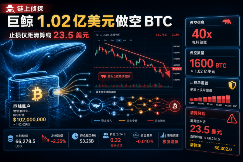 链上侦探:做空 1.02 亿美元 BTC 的巨鲸新挂单,首档止损距清算线仅 23.5 美元-指挥使社区 - 真实线索、热点议题与深度观察
