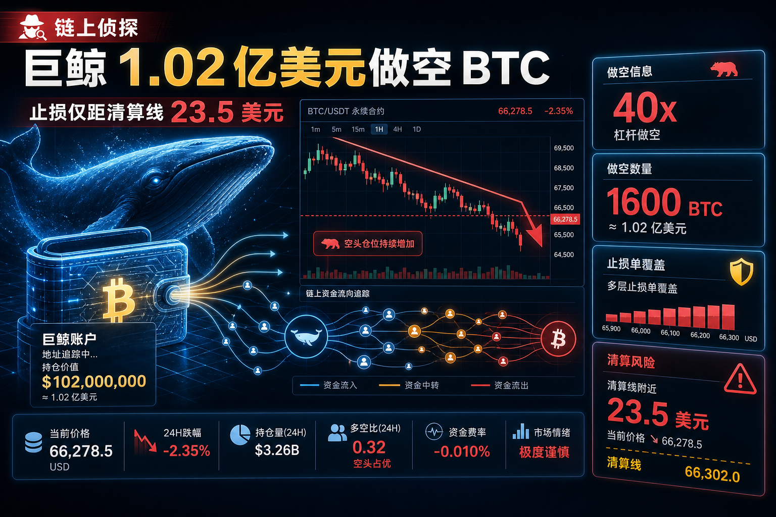 链上侦探:做空 1.02 亿美元 BTC 的巨鲸新挂单,首档止损距清算线仅 23.5 美元