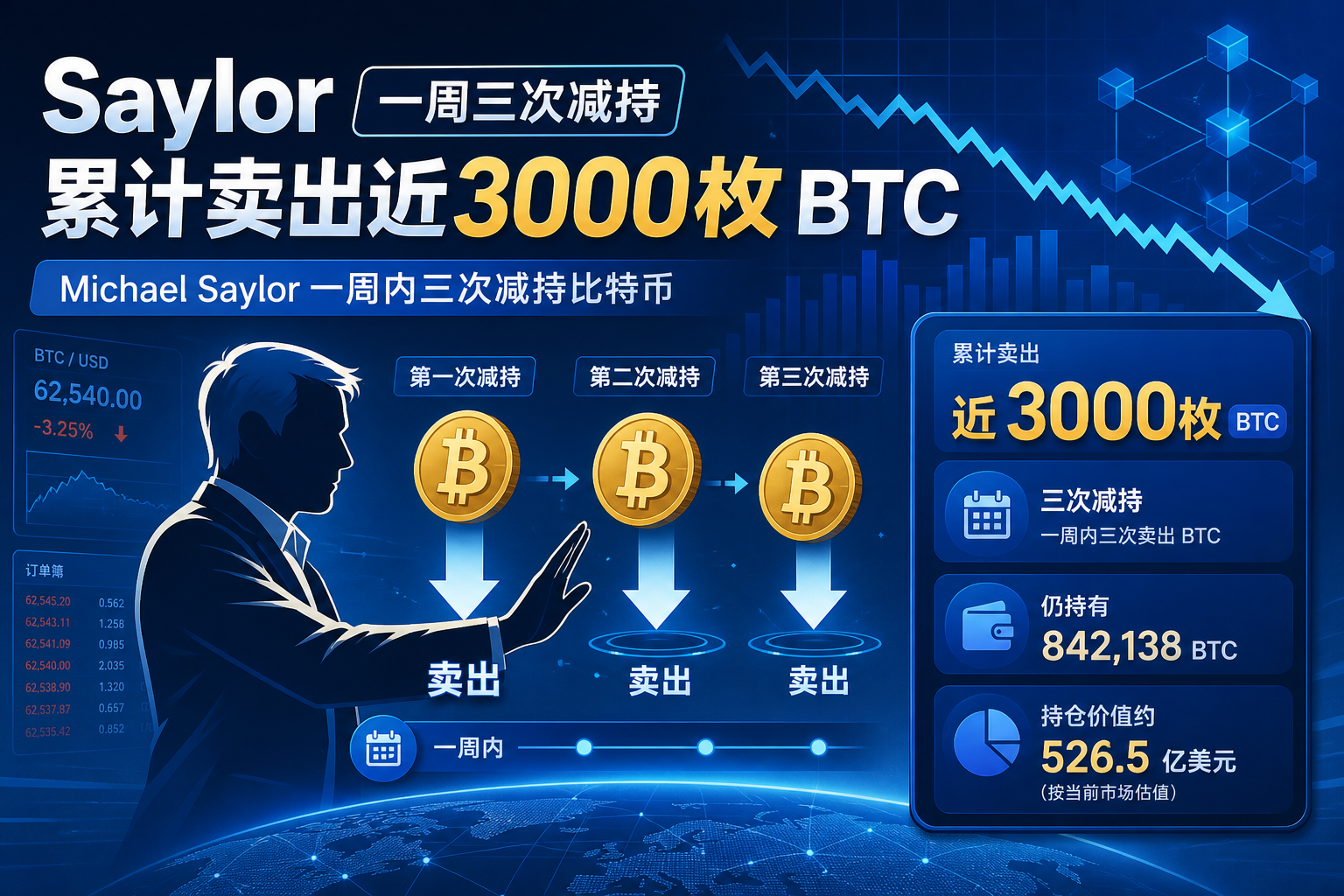 Michael Saylor 一周内三次减持比特币,累计卖出近 3000 枚
