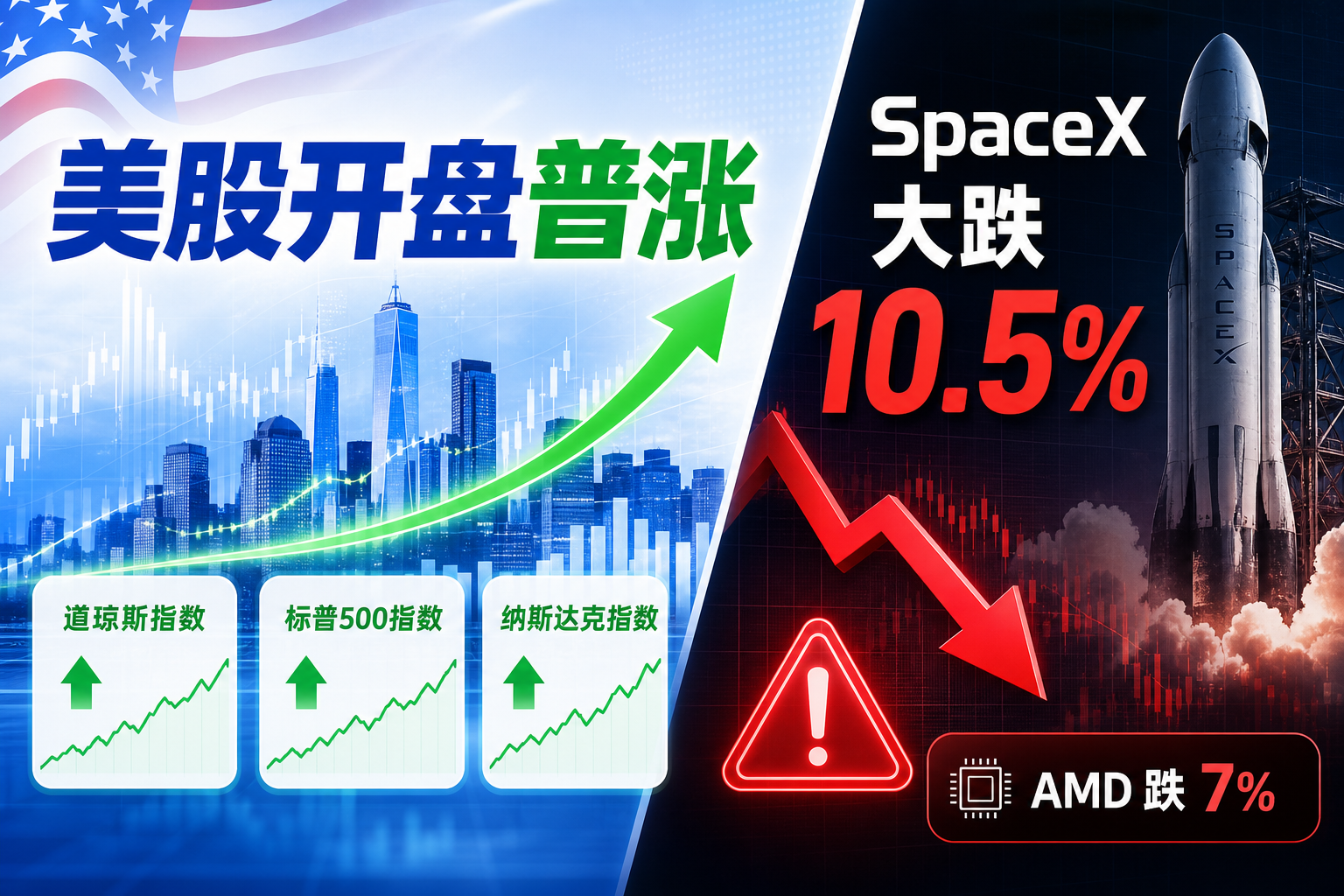 美股开盘三大股指普涨,SpaceX 大跌 10.5%
