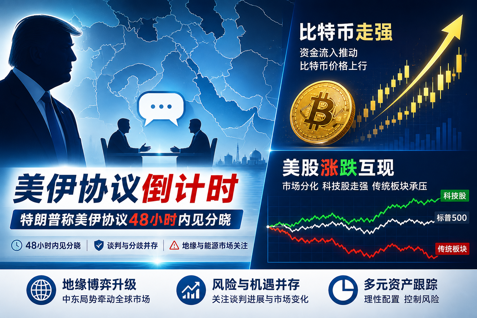 特朗普称美伊协议 48 小时内见分晓,比特币走强,美股三大股指涨跌互现