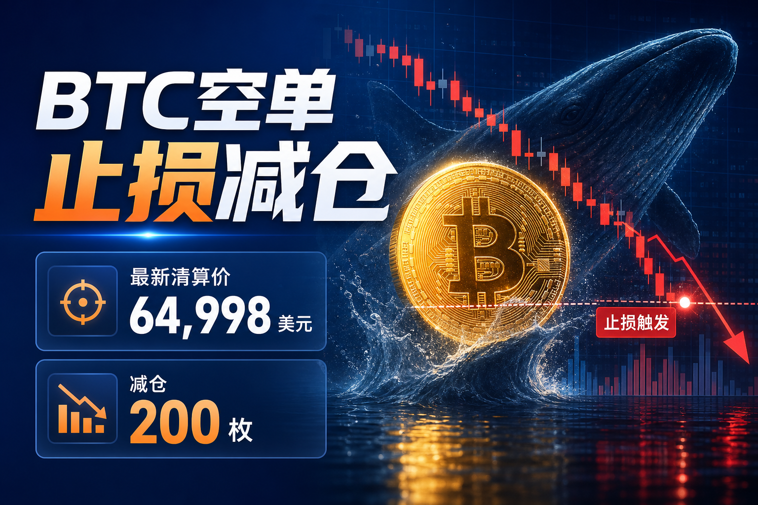 某巨鲸 1600 枚 BTC 空单触发止损后减仓 200 枚,最新清算价 64,998 美元