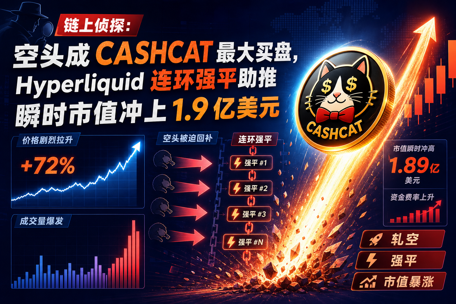 链上侦探:空头成 CASHCAT 最大买盘,Hyperliquid 连环强平助推瞬时市值冲上 1.9 亿美元