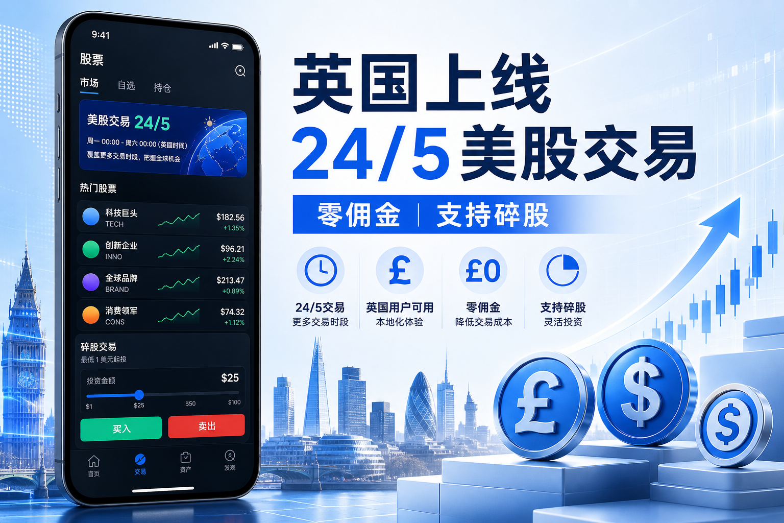 Coinbase 在英国上线 24/5 美股交易,支持零佣金与碎股交易
