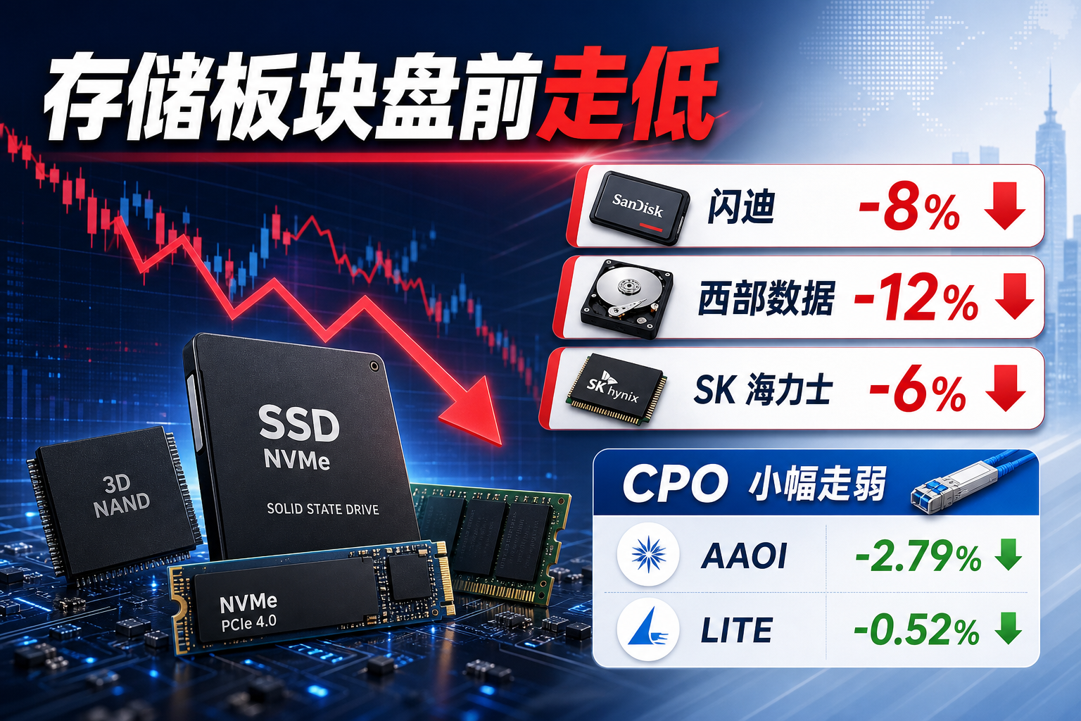 美股存储板块盘前集体走低,闪迪跌超 8%
