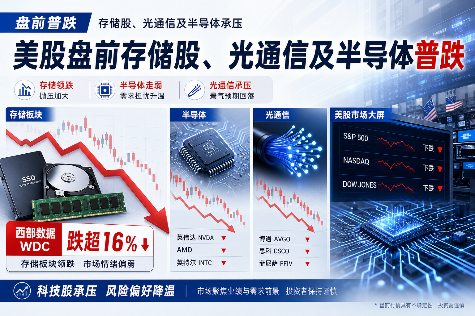 美股盘前存储股、光通信及半导体普跌,西部数据跌超 16%