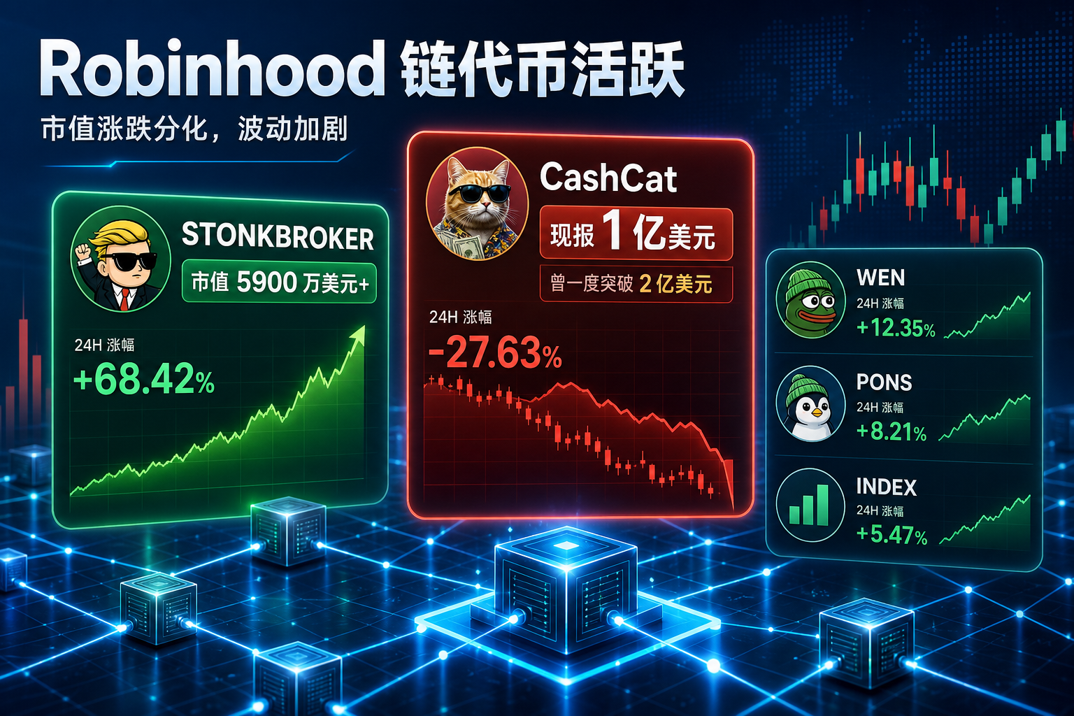 Robinhood 链代币交易活跃:STONKBROKER 市值突破 5900 万美元,CashCat 回落至 1 亿美元