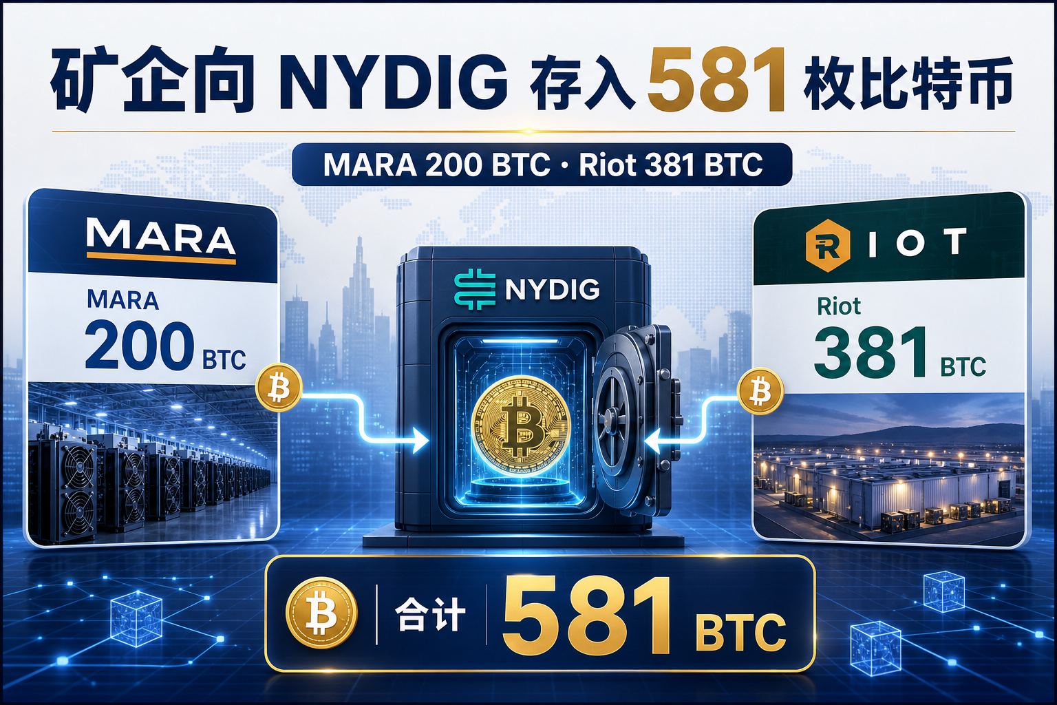 矿企 MARA 与 Riot 向 NYDIG 存入共 581 枚比特币