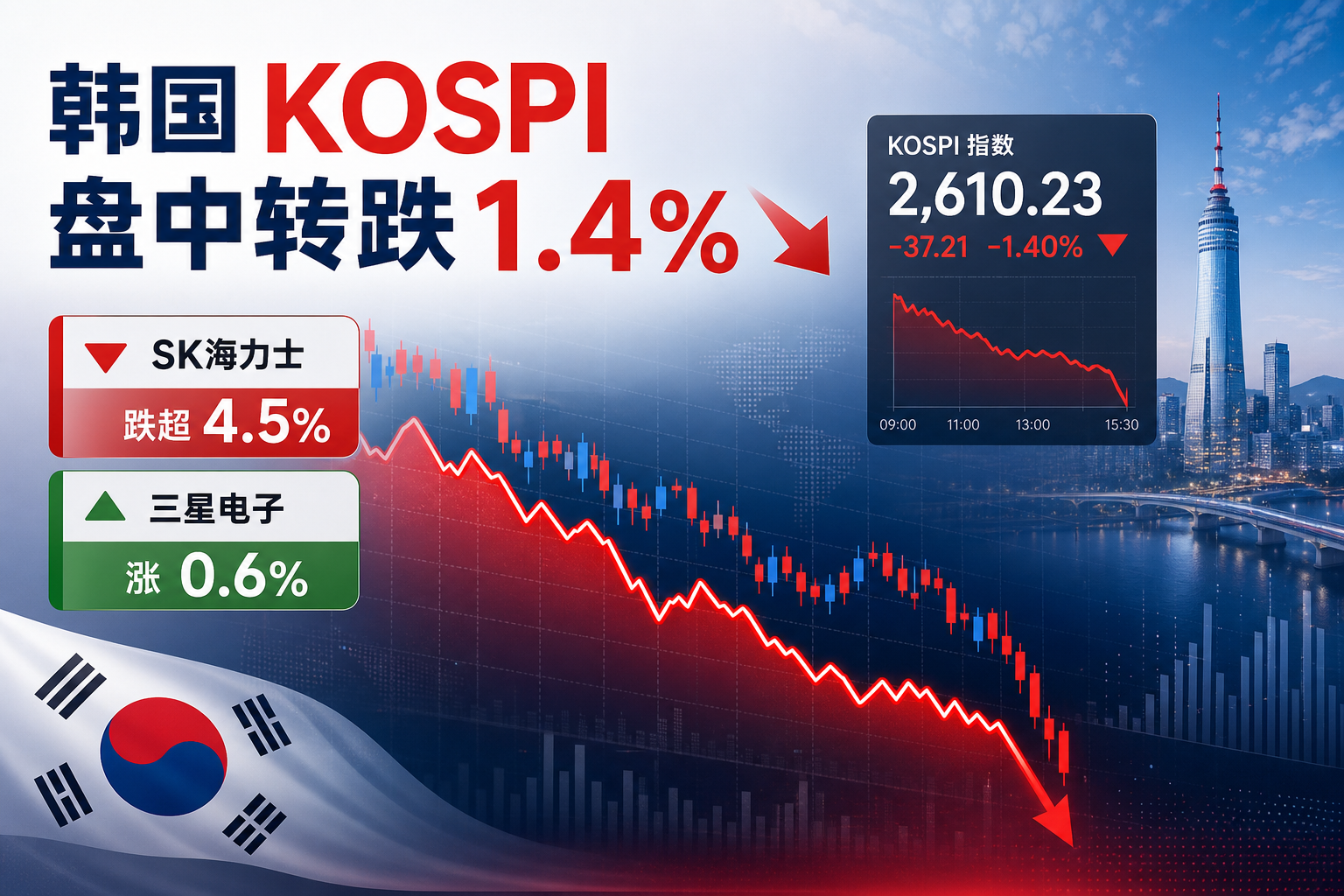 韩国 KOSPI 指数盘中转跌 1.4%。