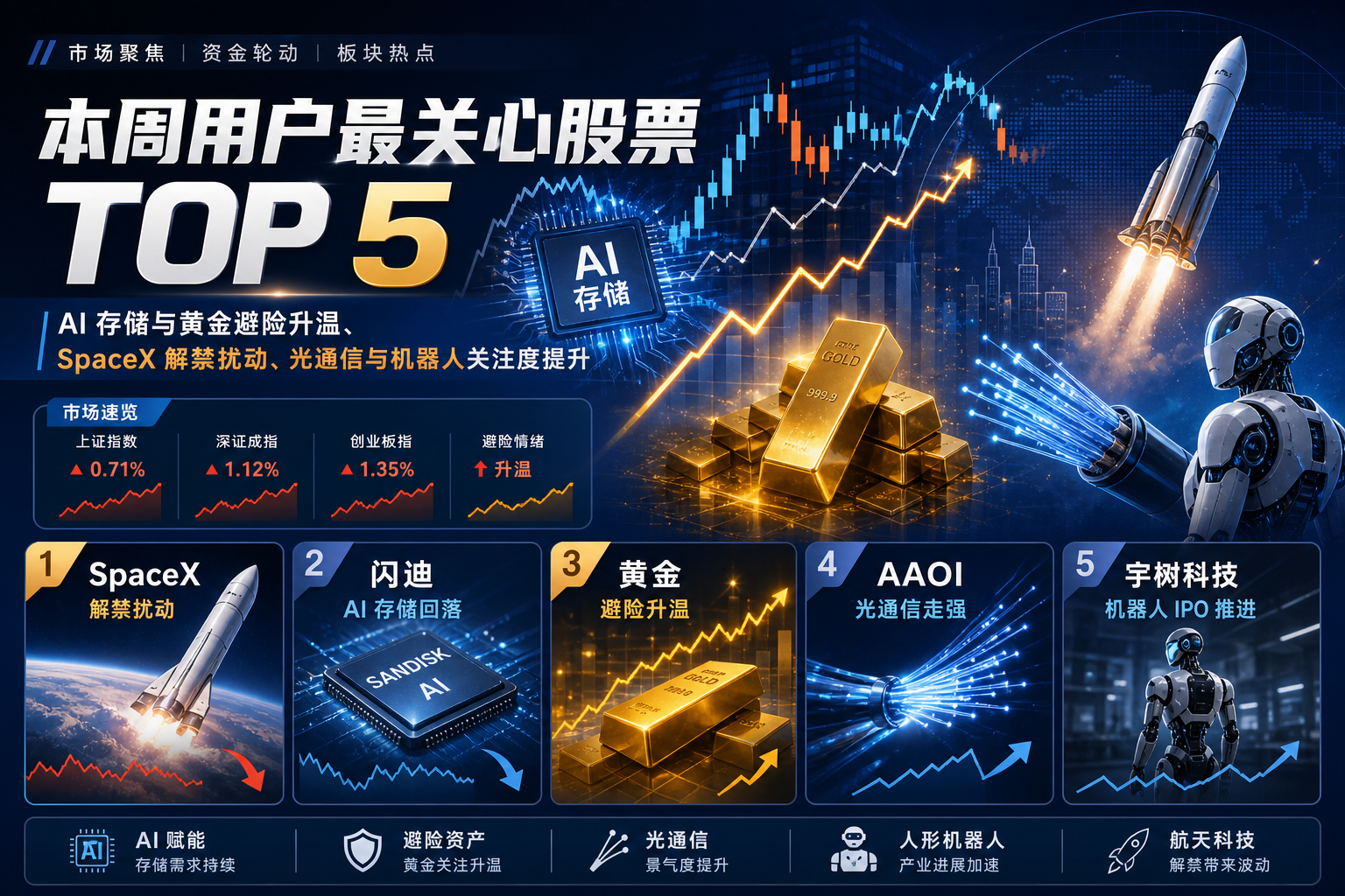 本周用户最关心股票 Top 5：SpaceX 解禁扰动，AI 存储与黄金避险同时升温