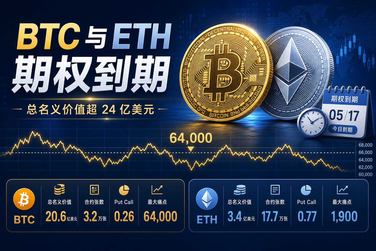 总名义价值超 24 亿美元 BTC 与 ETH 期权今日到期交割