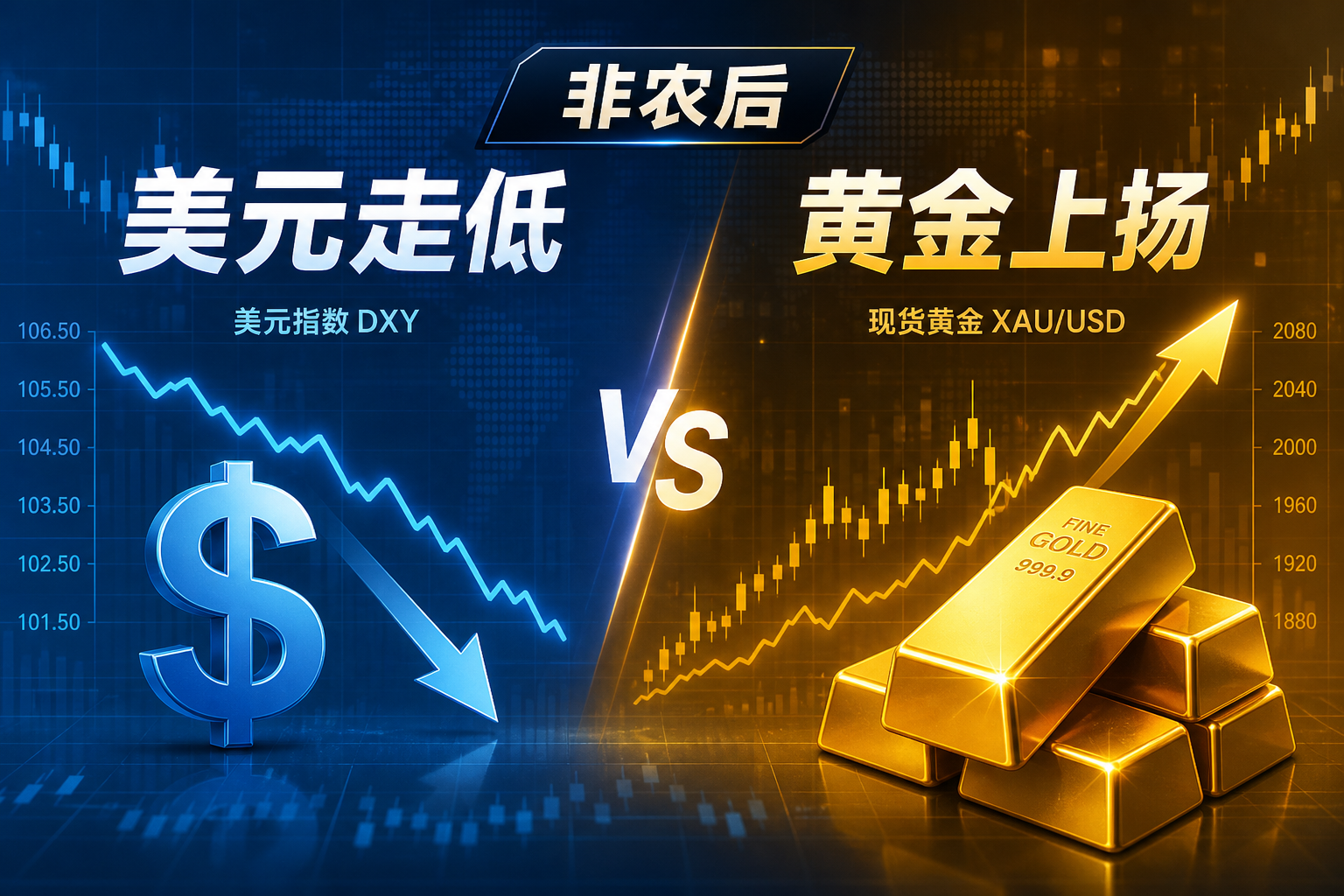 非农数据公布后，美元走低，黄金上扬