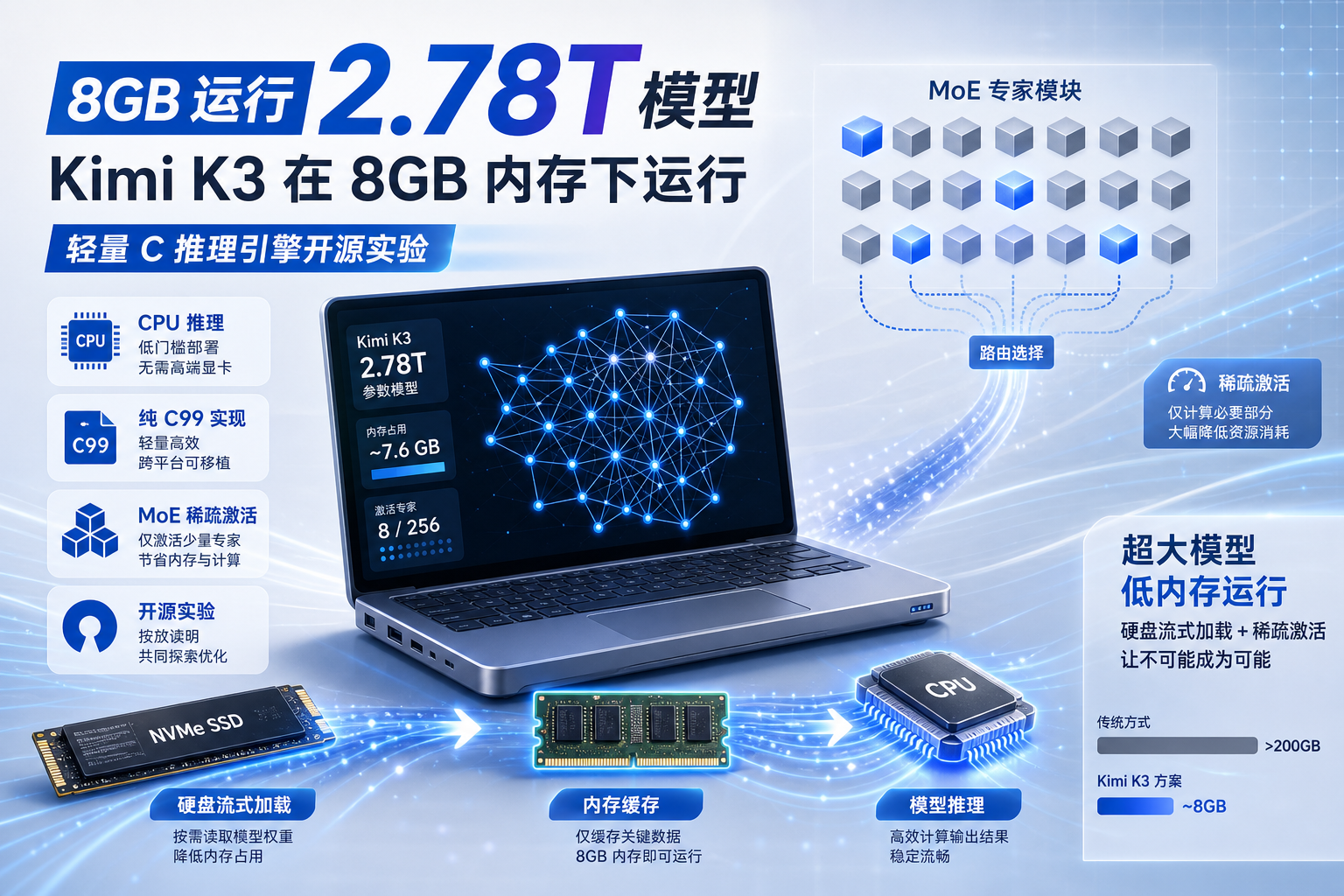 2.78 万亿参数 Kimi K3 实现 8GB 内存运行,开发者开源轻量 C 推理引擎