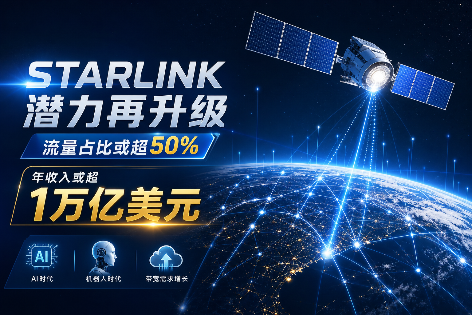 马斯克：Starlink 长期或承载超 50% 互联网流量，年收入或超 1 万亿美元
