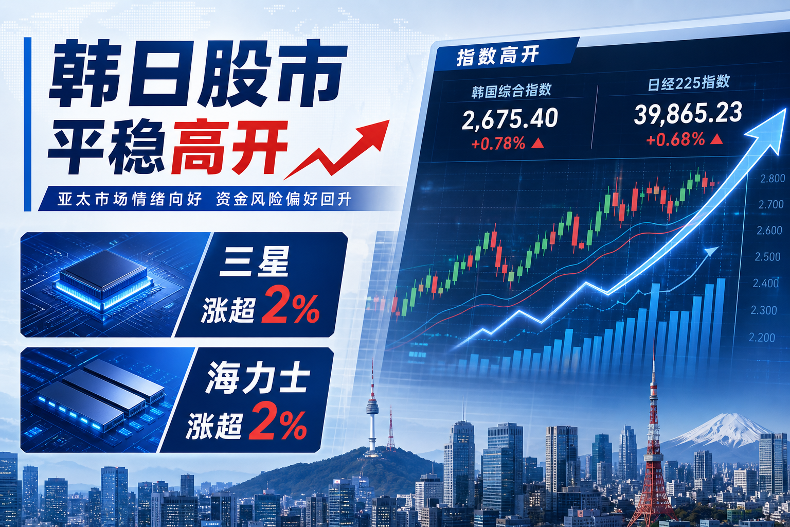 韩日股市平稳高开，三星、海力士涨超 2%