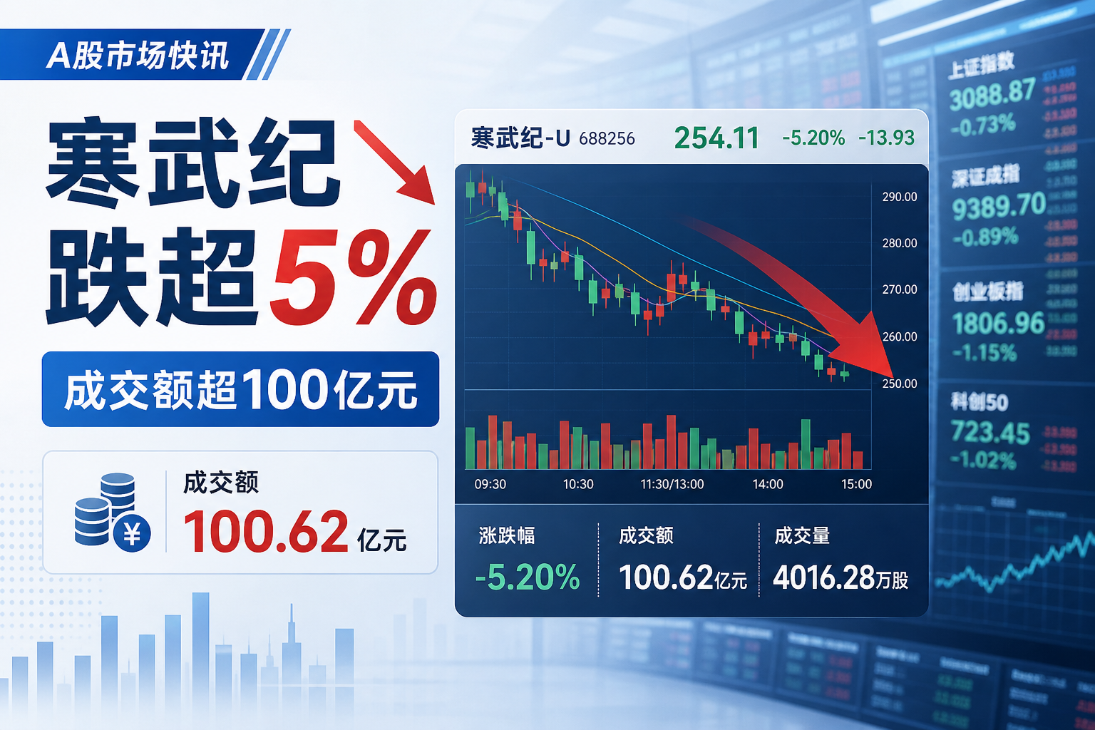 A 股寒武纪跌超 5%，成交额超 100 亿元