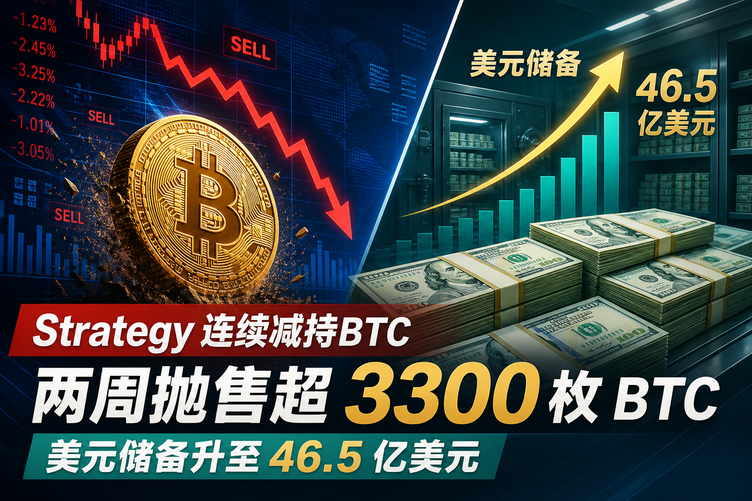 Strategy 两周抛售超 3300 枚 BTC,美元储备升至 46.5 亿美元