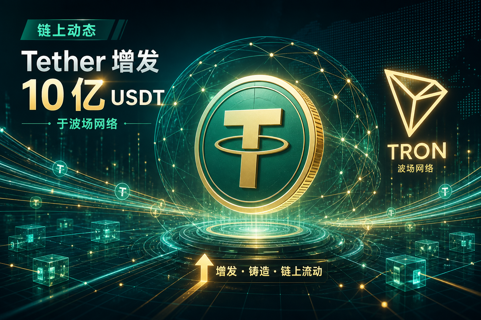 链上动态：Tether 于波场网络增发 10 亿枚 USDT