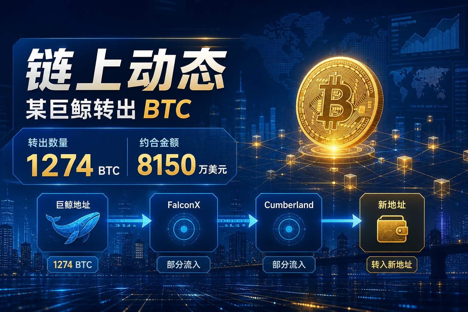链上动态:某巨鲸转出 1274 枚 BTC,约合 8150 万美元