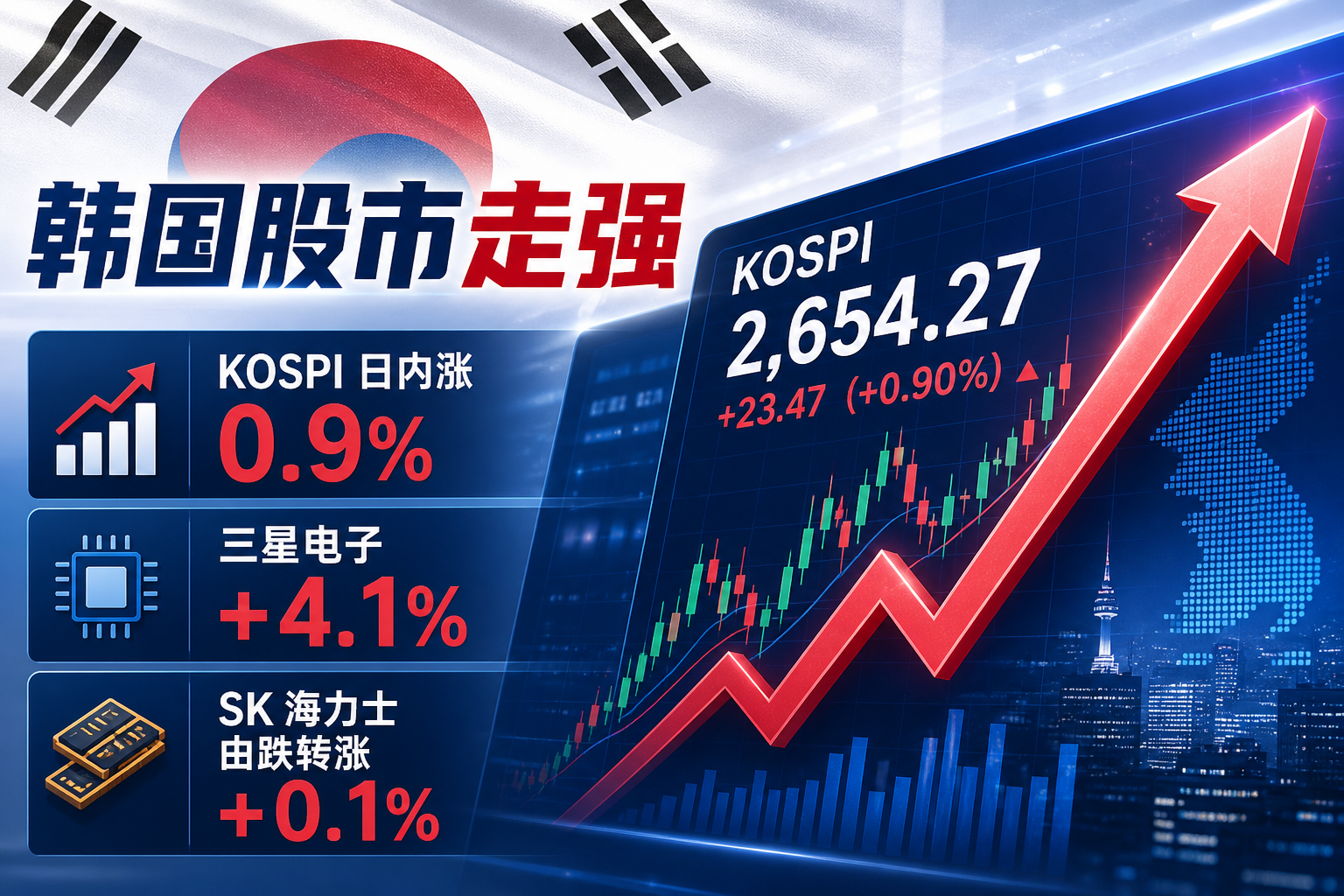韩国 KOSPI 指数日内涨幅达 0.9%。其中，三星电子上涨 4.1%；SK 海力士由跌转涨，现涨 0.1%。