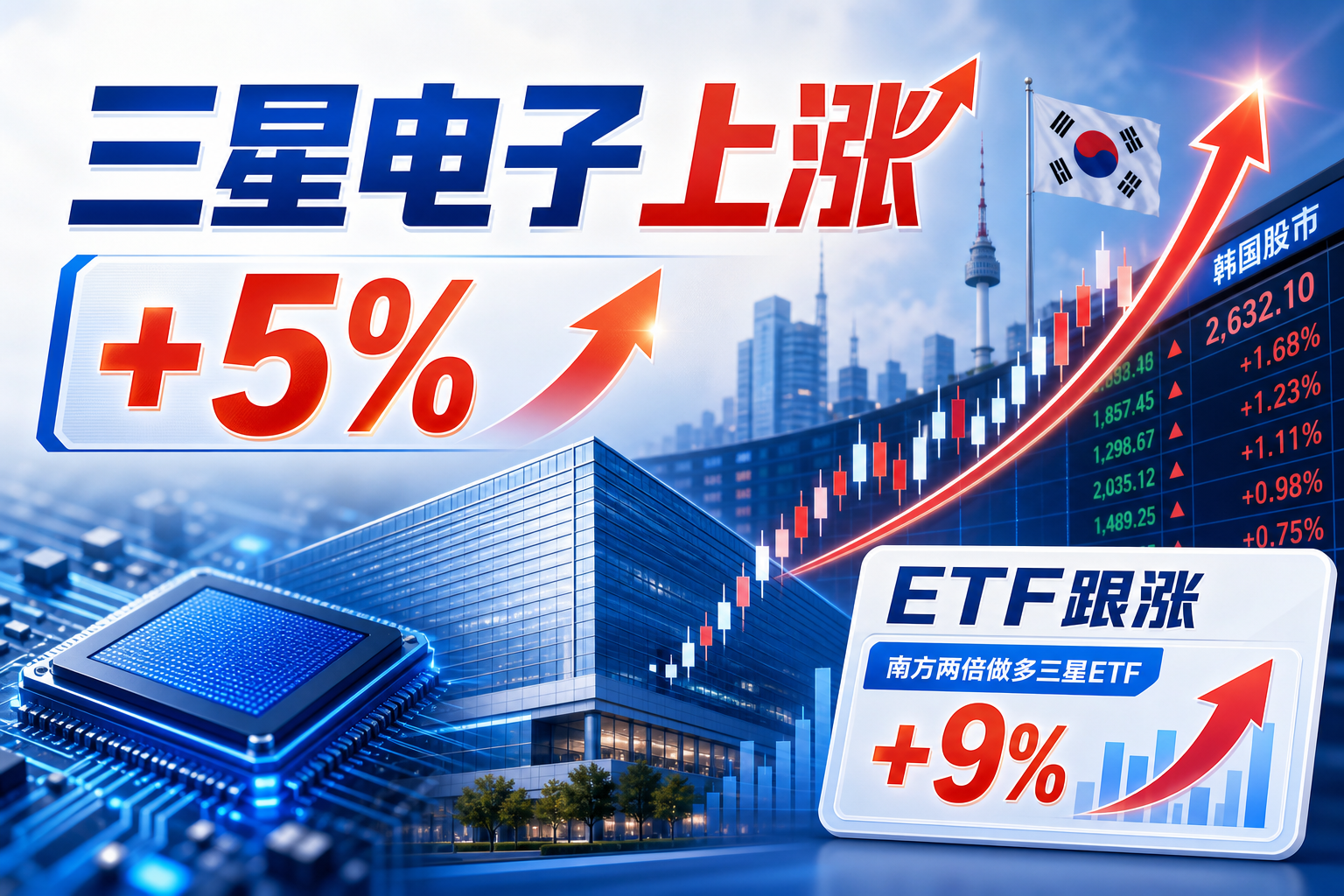 三星电子日内涨超 5%，南方两倍做多三星 ETF 涨超 9%
