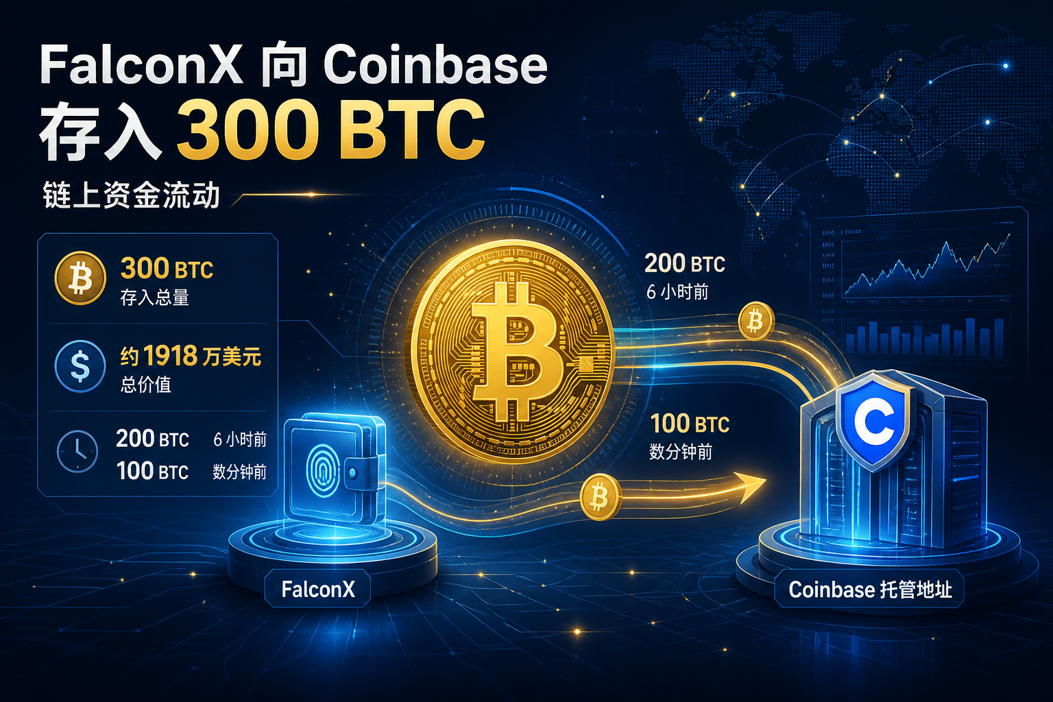 FalconX 向 Coinbase 存入 300 枚比特币,总价值约 1918 万美元