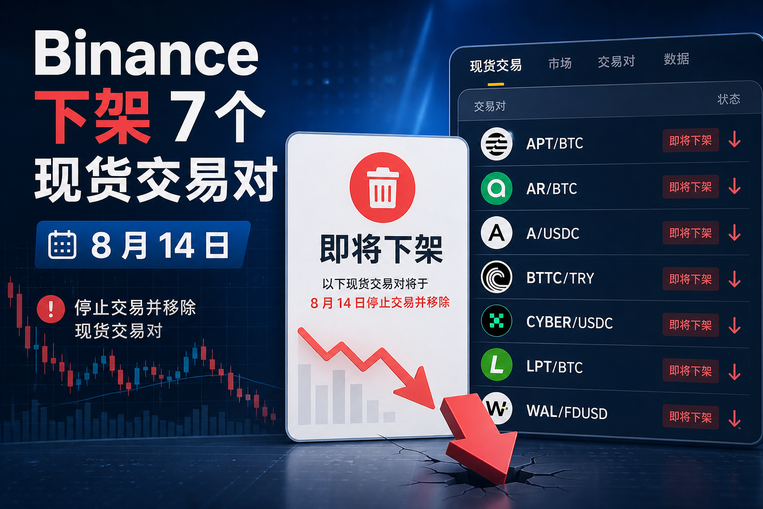 Binance 将于 8 月 14 日下架 7 个现货交易对