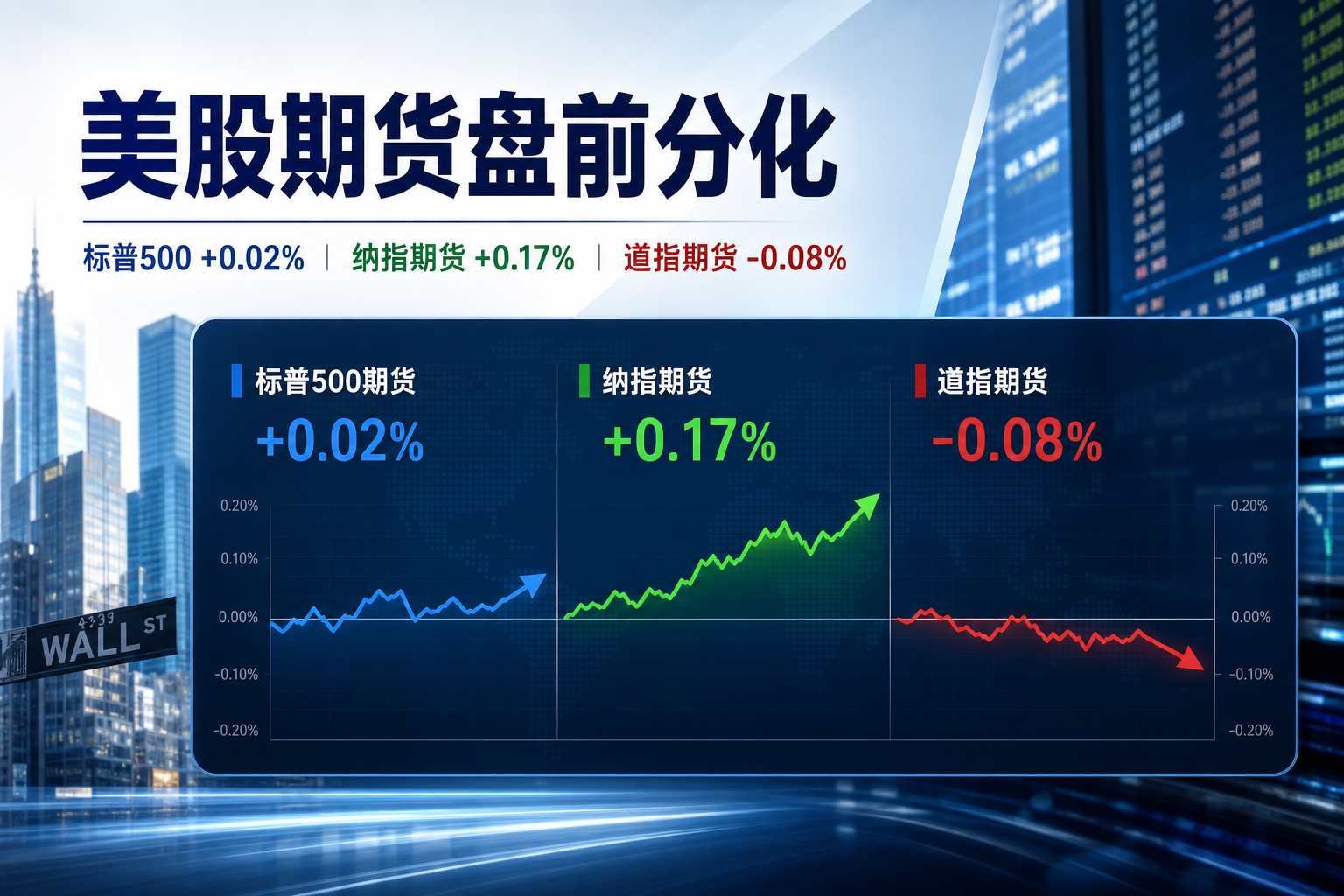 美股三大股指期货涨跌不一，纳指期货涨 0.17%