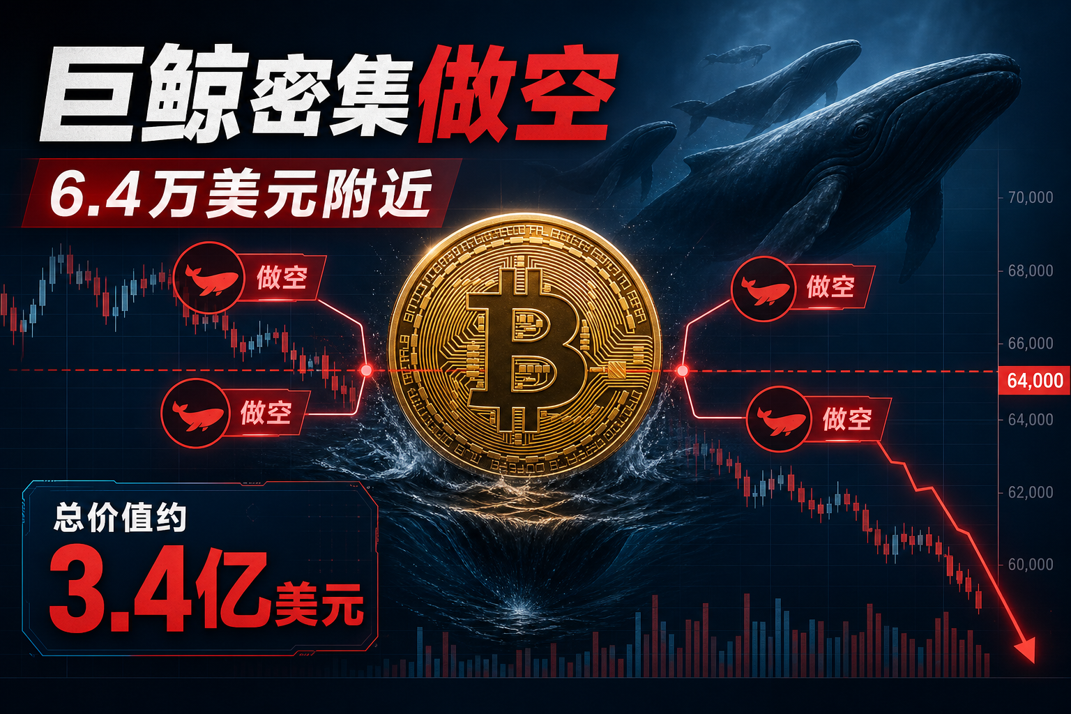 四个巨鲸地址在 6.4 万美元附近密集做空比特币,总价值约 3.4 亿美元