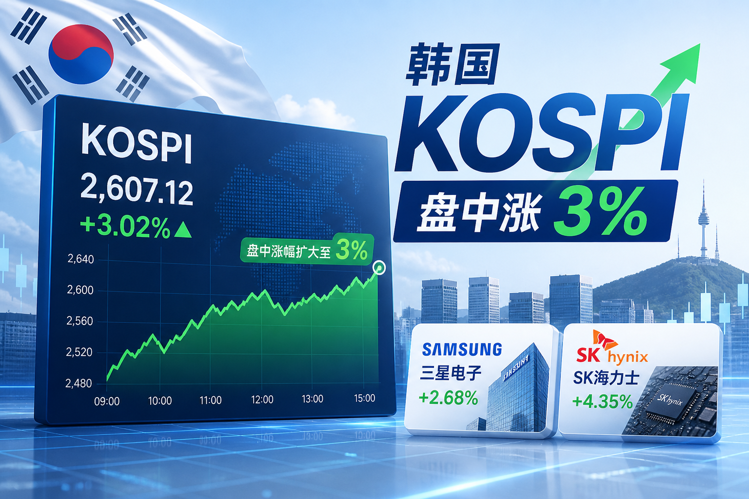 韩国KOSPI指数盘中涨幅扩大至3%