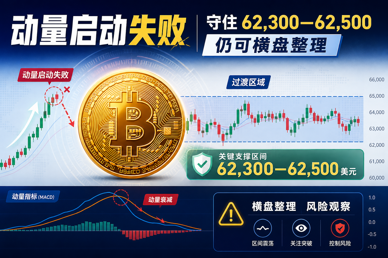 比特币首次动量启动失败,守住 62,300 美元仍可维持横盘