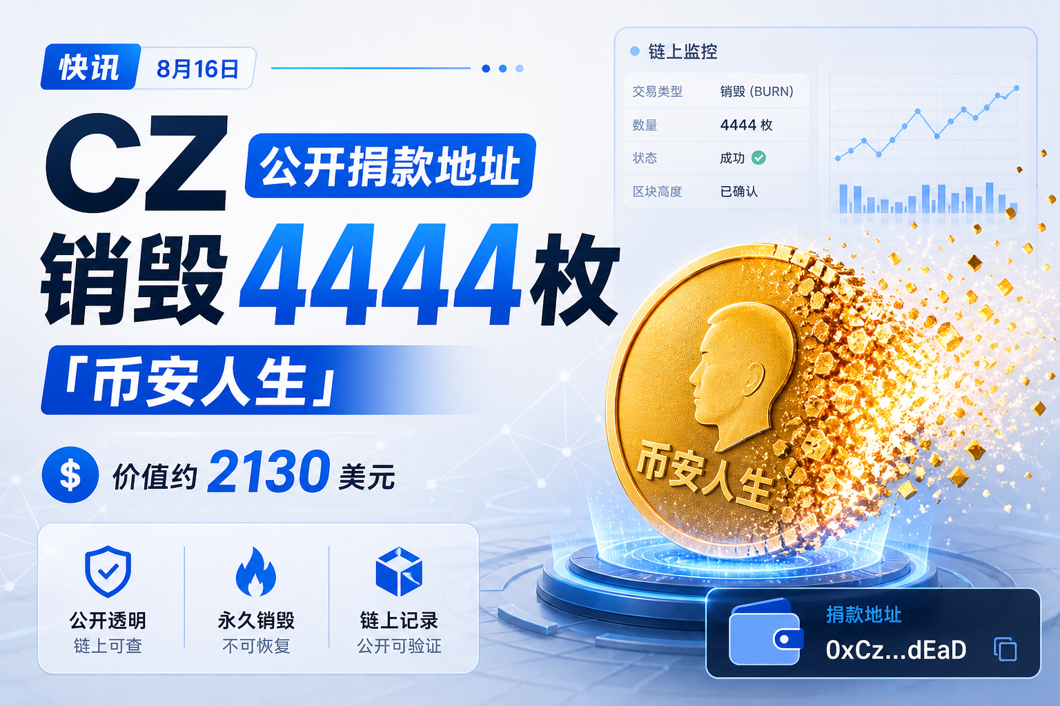 CZ 公开捐款地址销毁 4444 枚「币安人生」