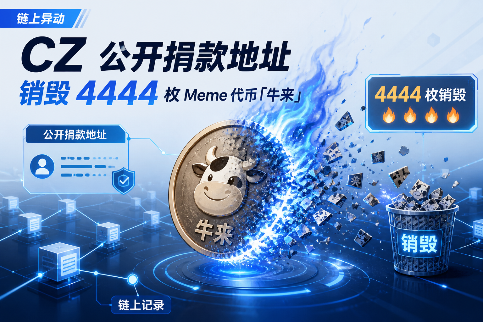 CZ 公开捐款地址销毁 4444 枚 Meme 代币「牛来」
