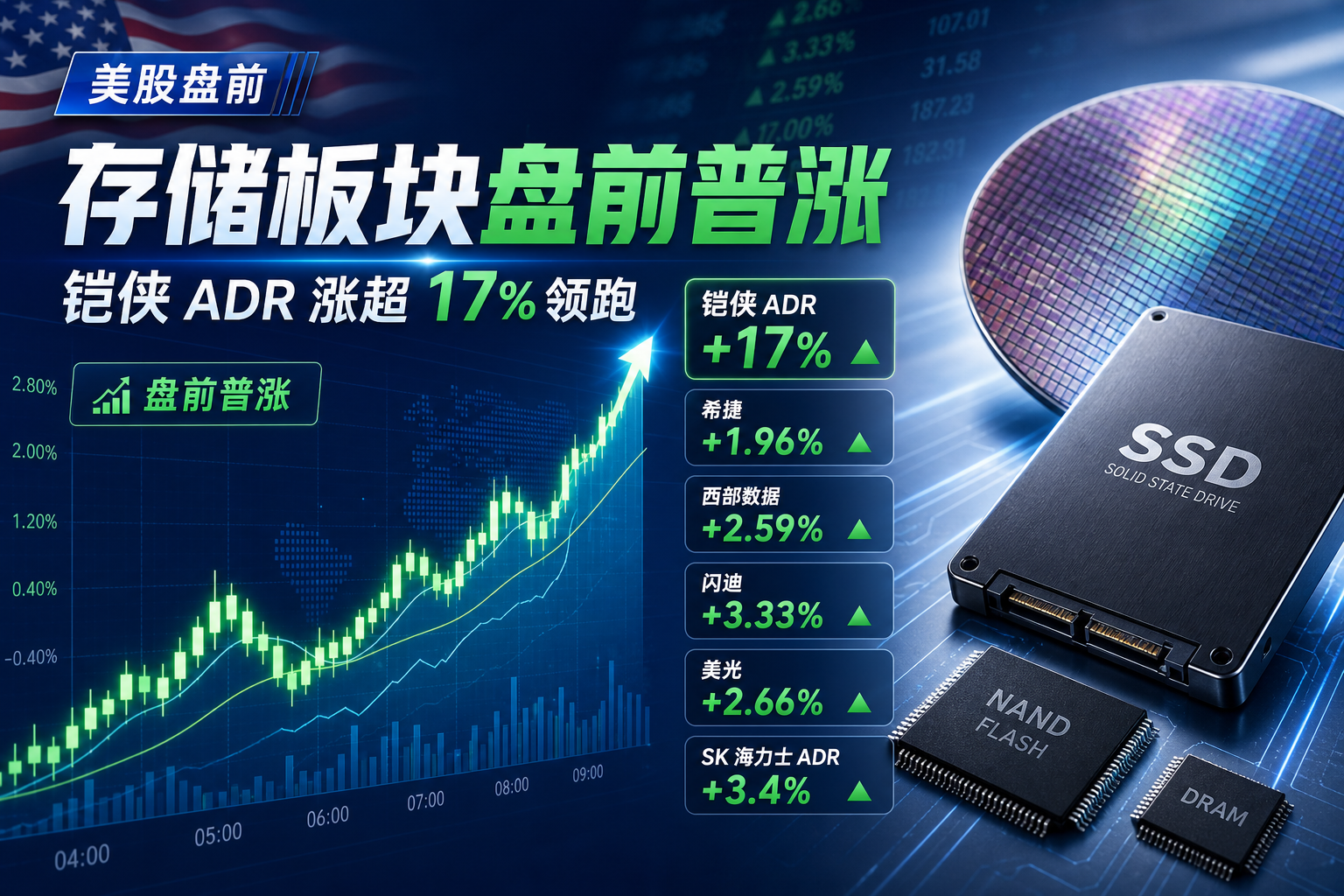 美股存储板块盘前普涨,铠侠 ADR 涨超 17%
