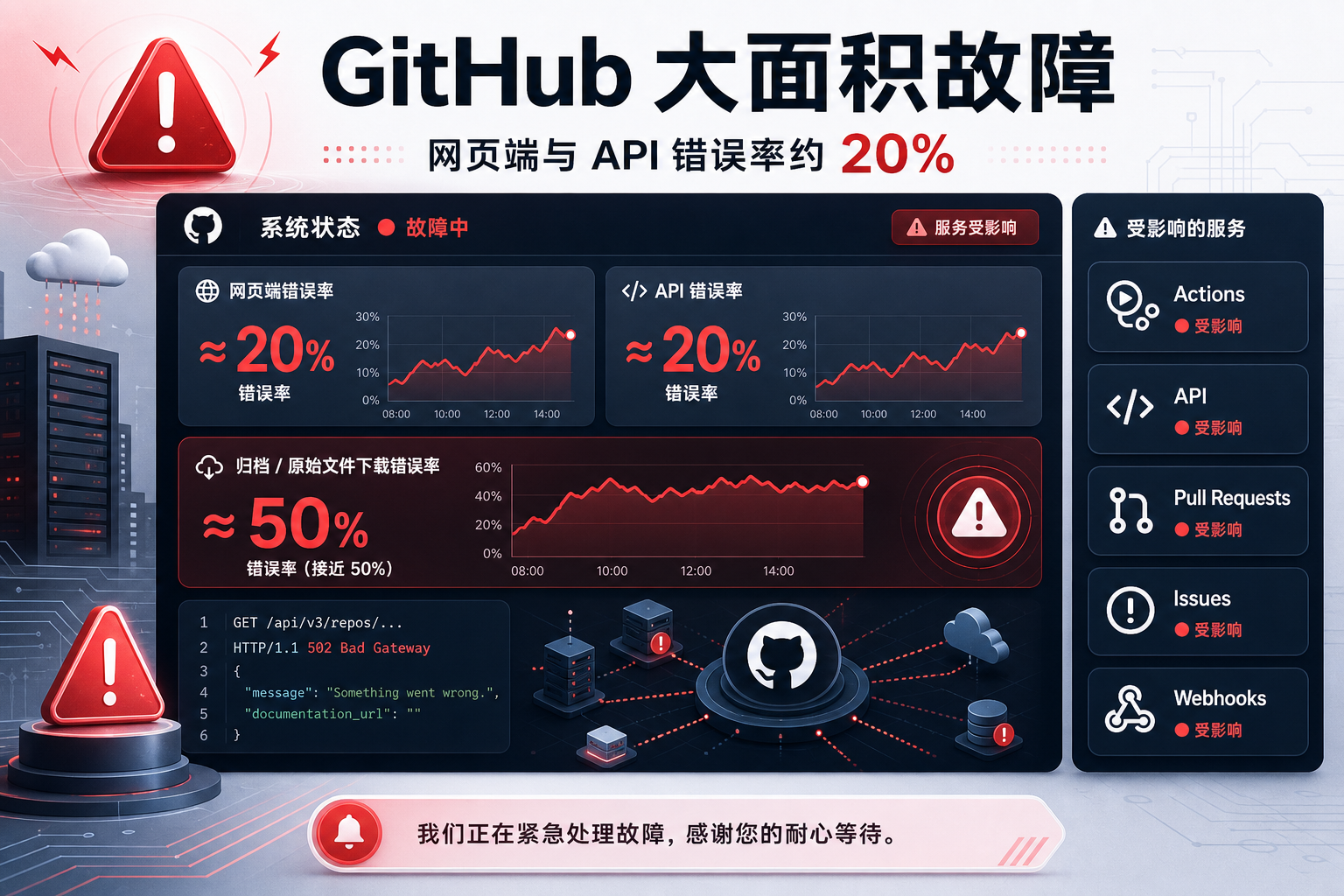 GitHub 发生大面积故障,网页端和 API 错误率约 20%