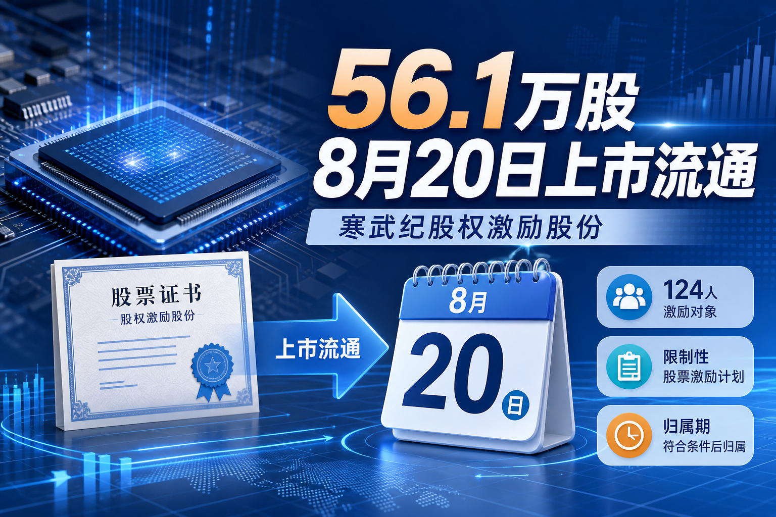 寒武纪 56.1 万股股权激励股份将于 8 月 20 日上市流通