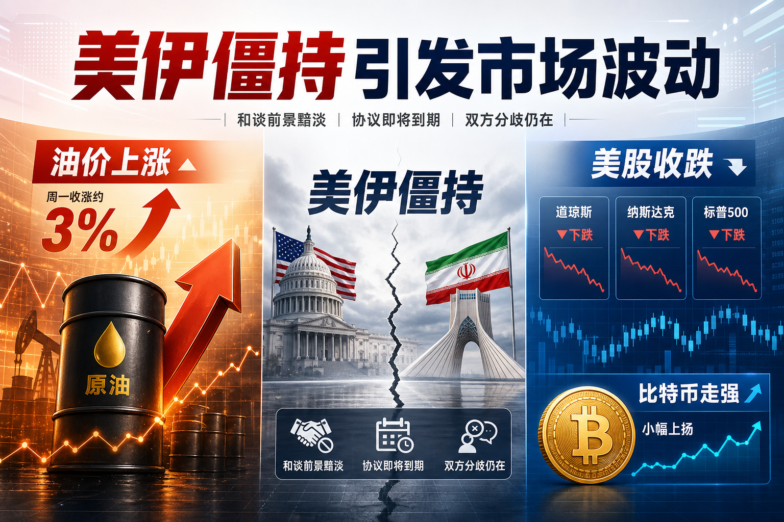 美伊继续僵持,美股三大股指收跌,比特币小幅走强