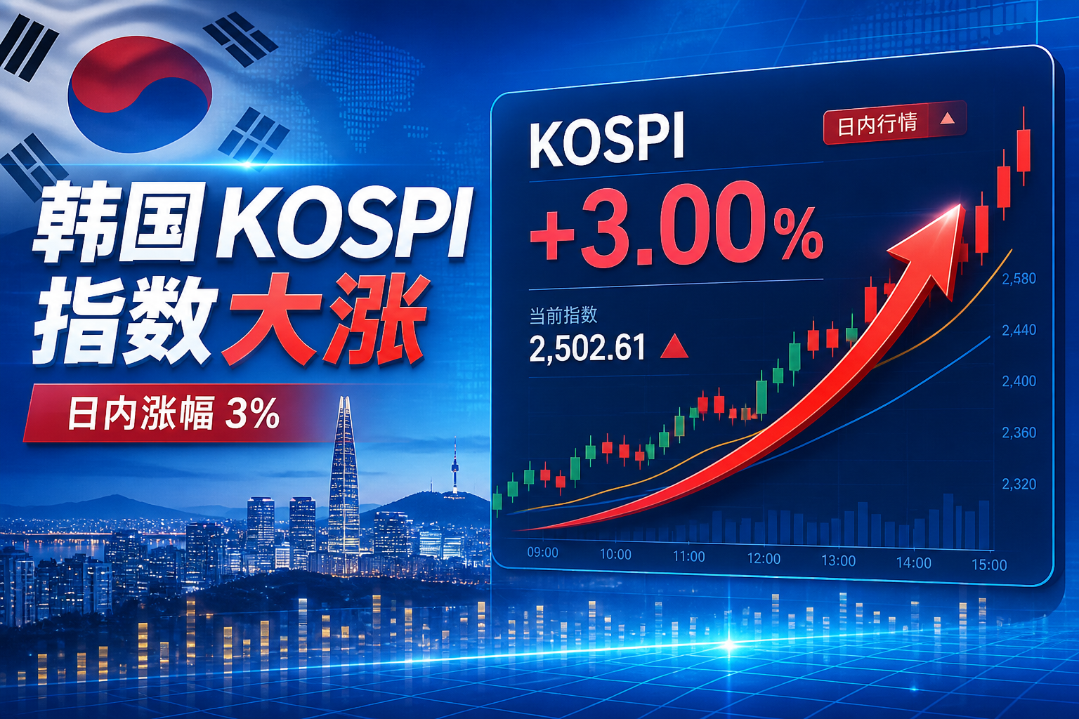 韩国 KOSPI 指数日内大涨 3%