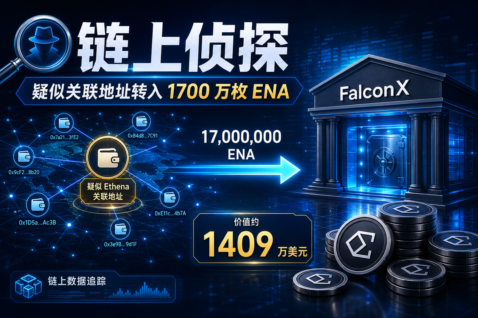链上侦探|疑似 Ethena 关联地址向 FalconX 转入 1700 万枚 ENA